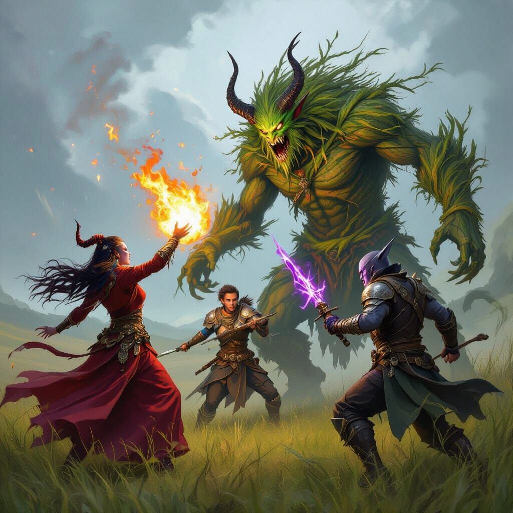 Tieflings and Tabaxi vs Grass Monster: Detailed Matte Painti...