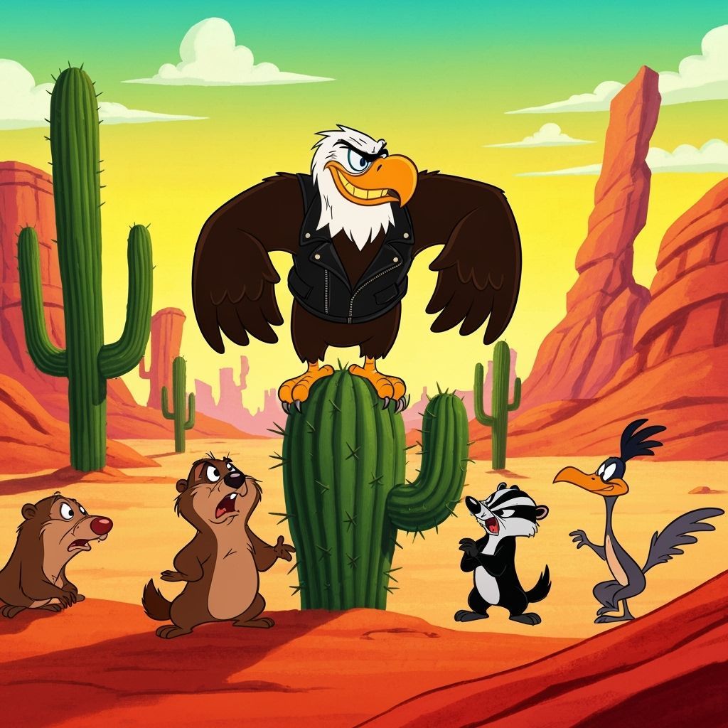 Cartoon Eagle on Cactus in Looney Tunes Style