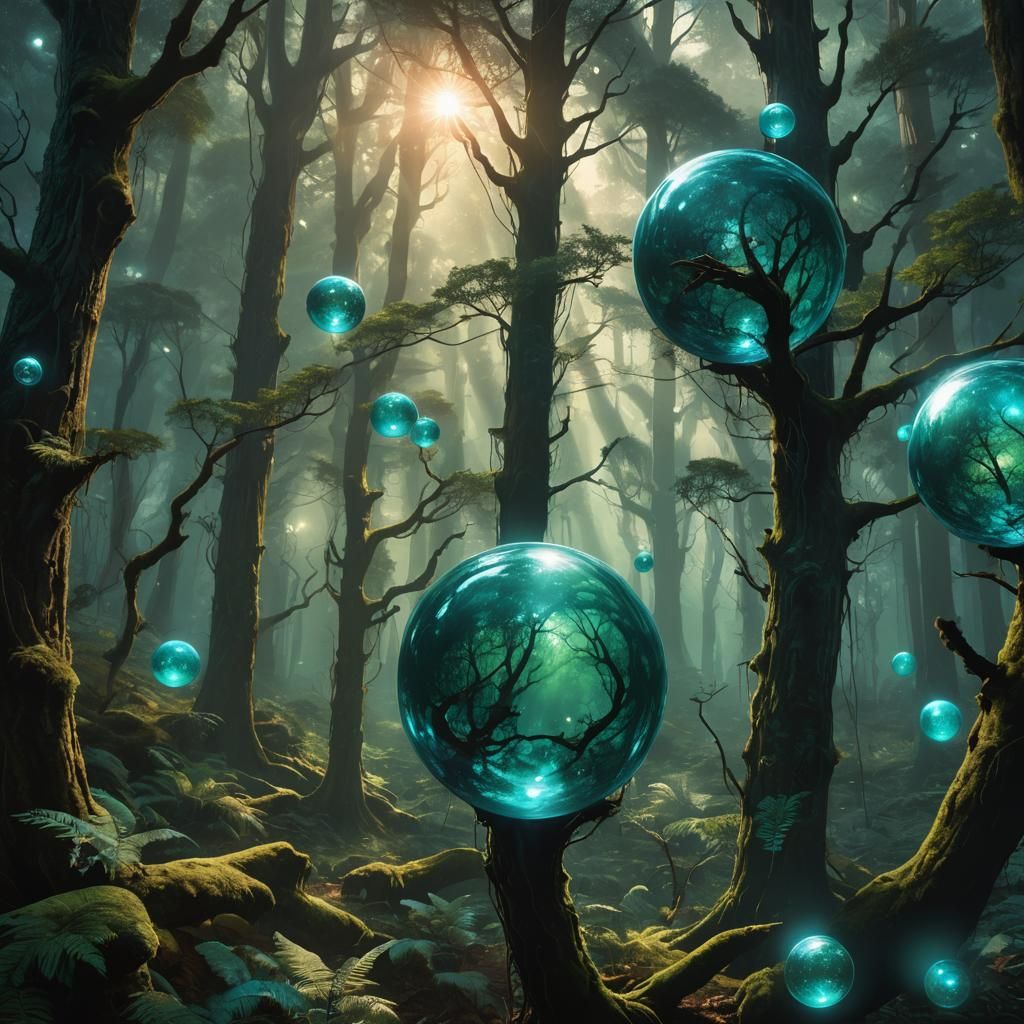 Mystical Forest: Surreal Being Touches Glowing Orbs