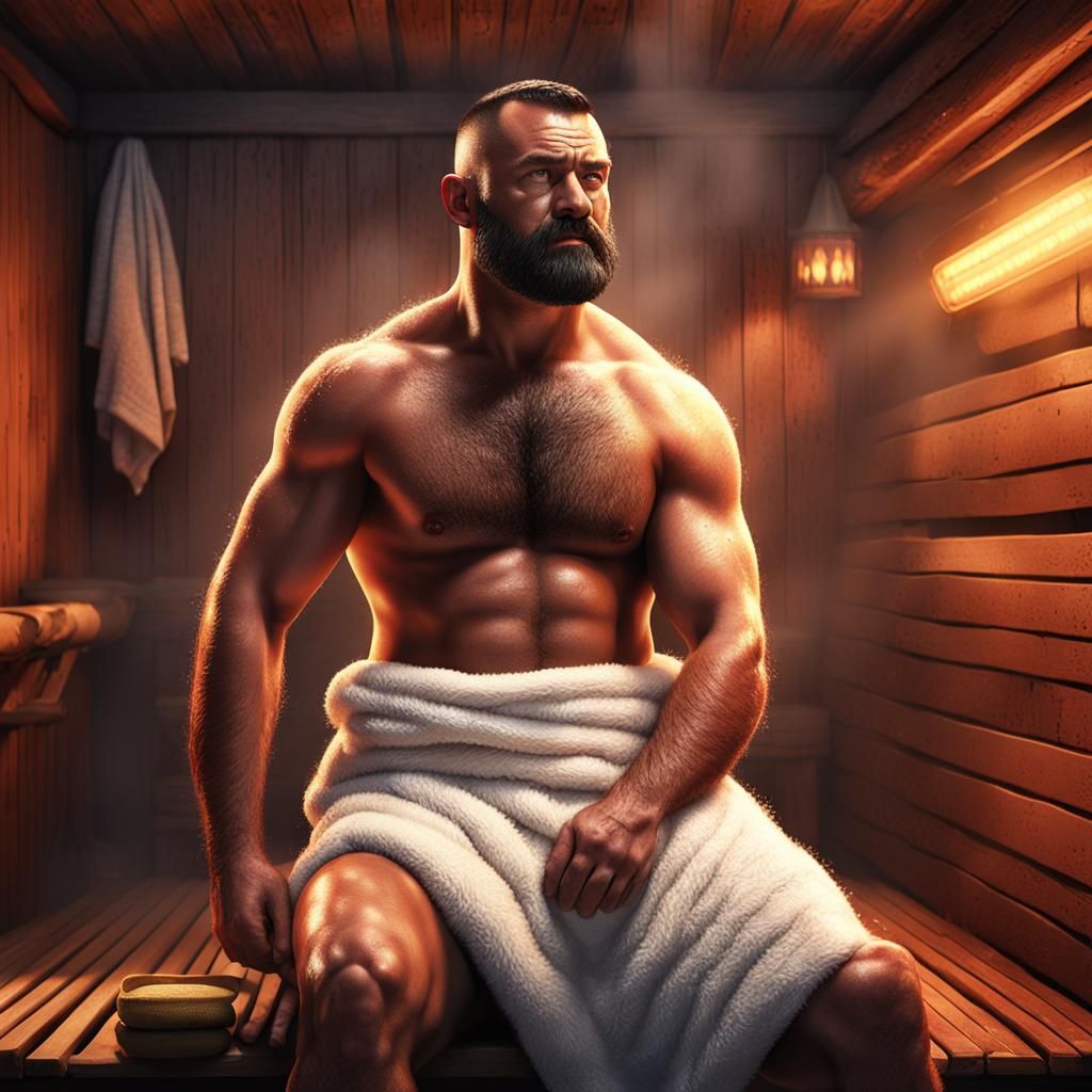 Sweaty Muscle Man Relaxing in Sauna: Detailed Matte Painting
