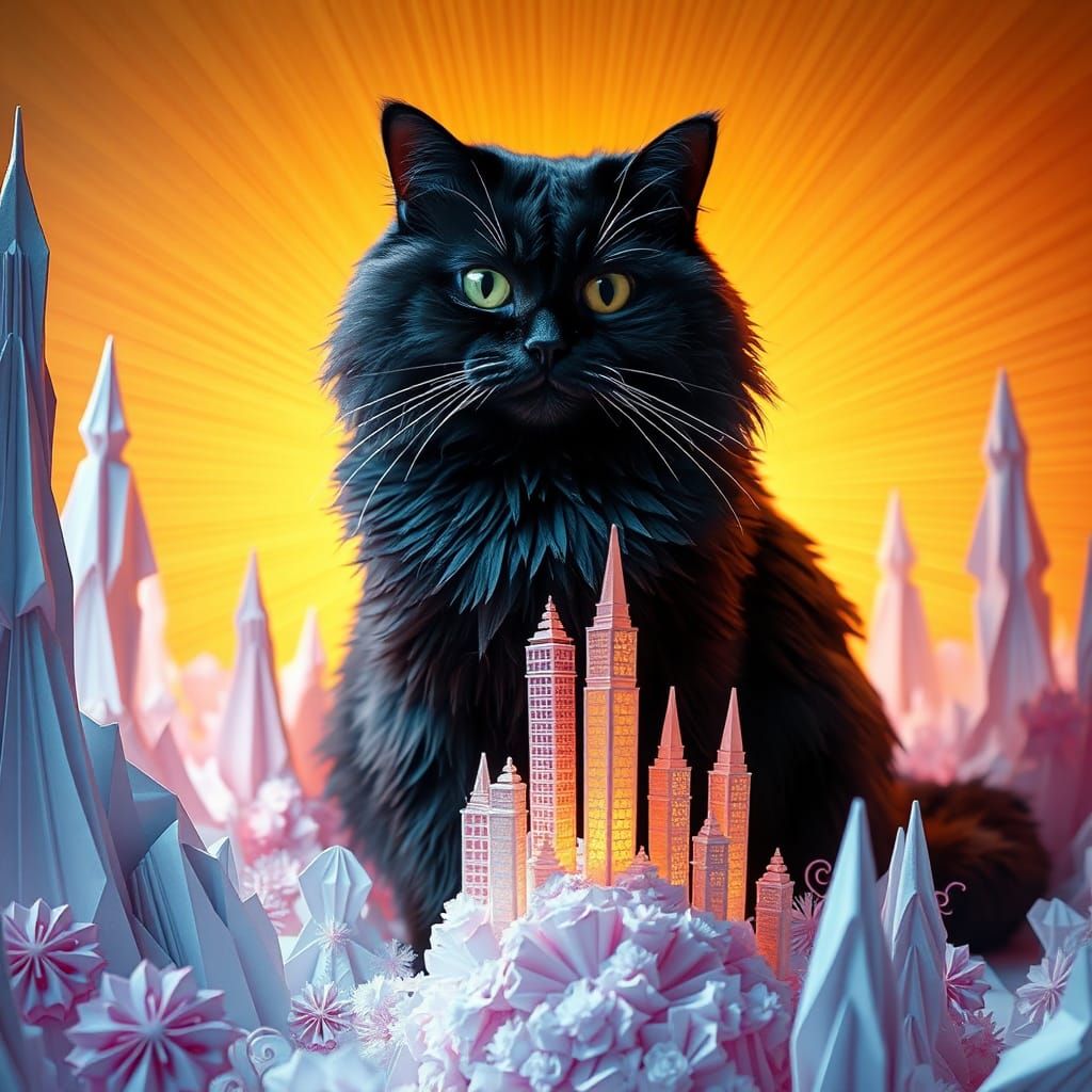 Black Persian Cat Eats Origami America in 3D Anime Art