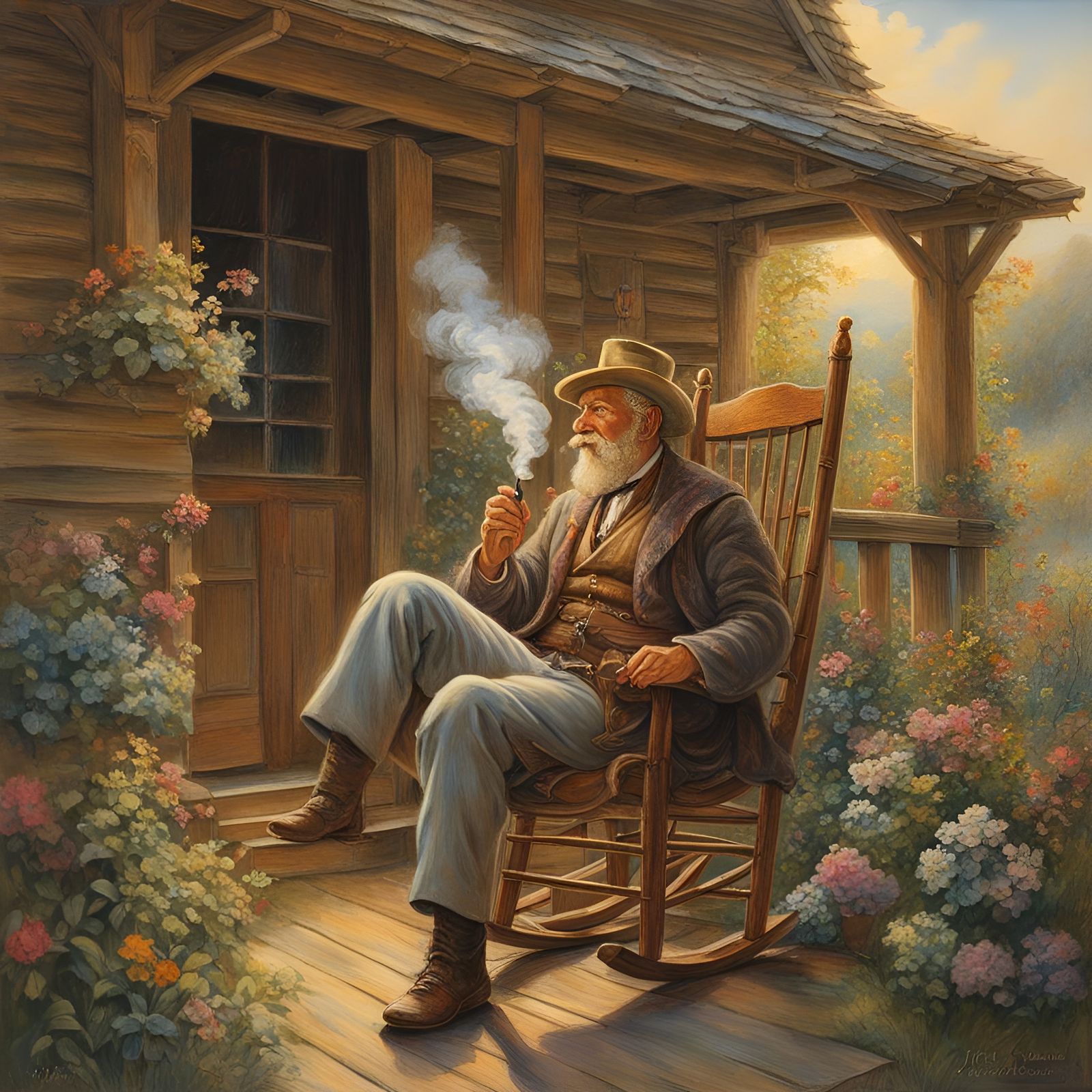 Happy Norwegian Man Smoking Pipe on Porch