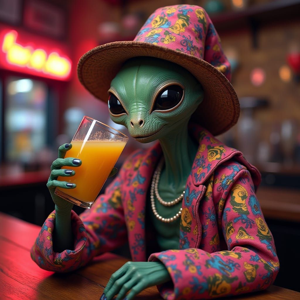 Ethereal Alien in Vibrant Attire Sips Cosmic Cocktail