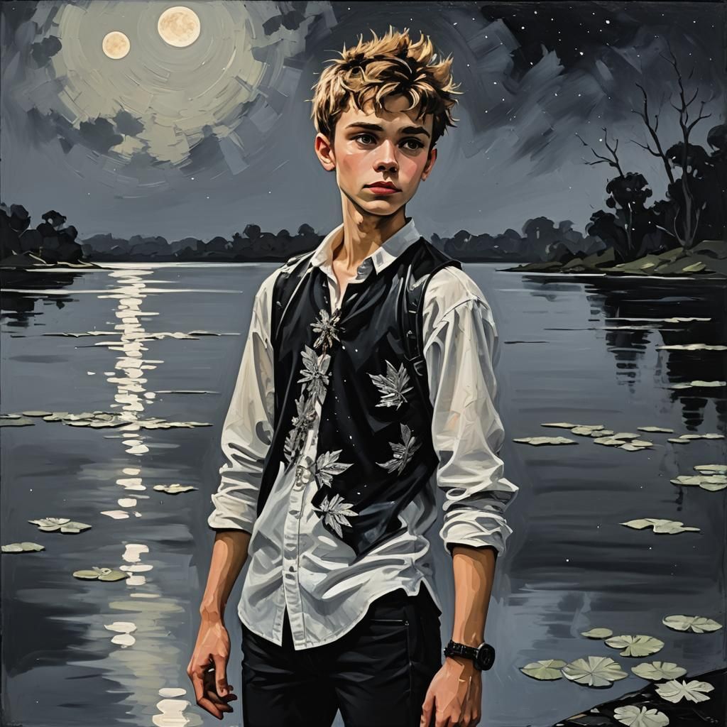 Punk Peter Pan in Moonlit Lake: Neo-Impressionist Oil Painti...