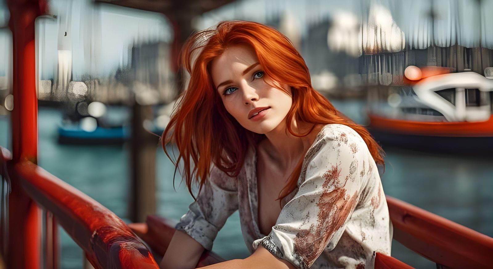 Beautiful Red-Haired Girl at Seaside Wharf