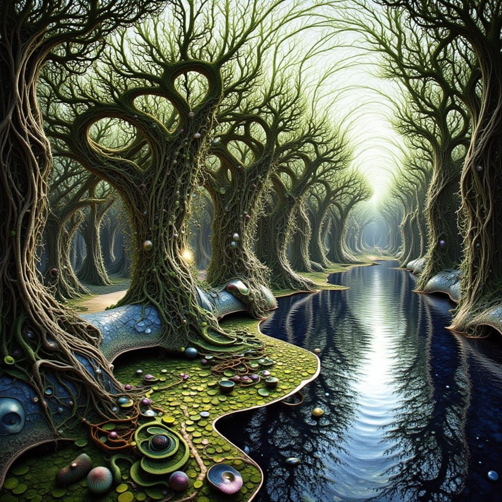 Intricate Bonsai Tree in Moonlit Eco-Garden