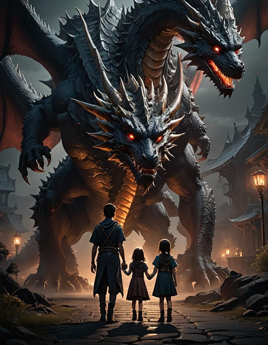 Children Confront Dragon: Gouache, Watercolor Masterpiece