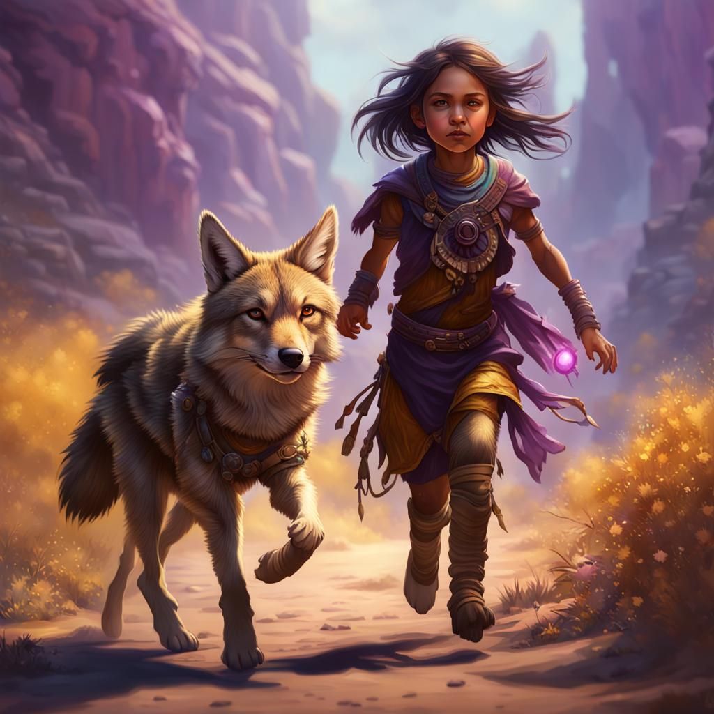 Coyote Puppy and Girl: Dark Fantasy Art