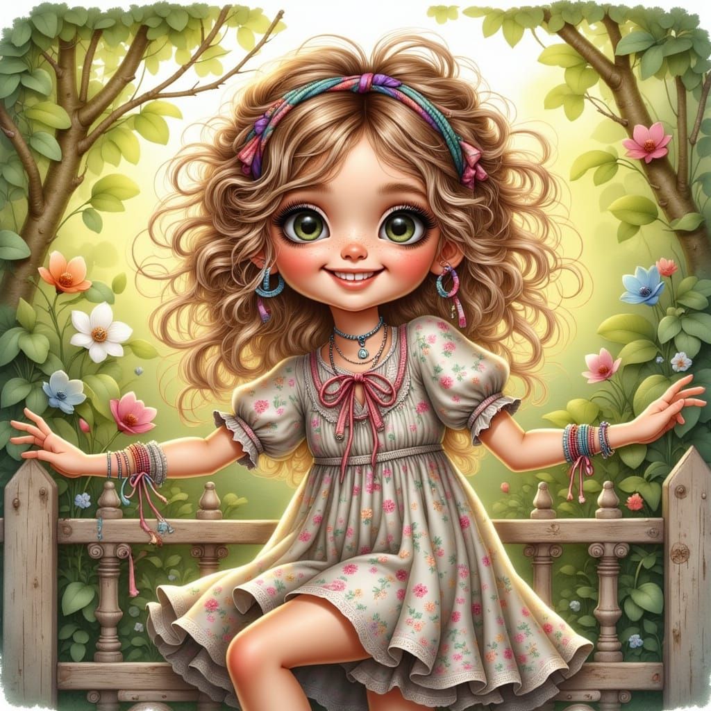 A girl with tousled hair and a ribboned dress rests against ...