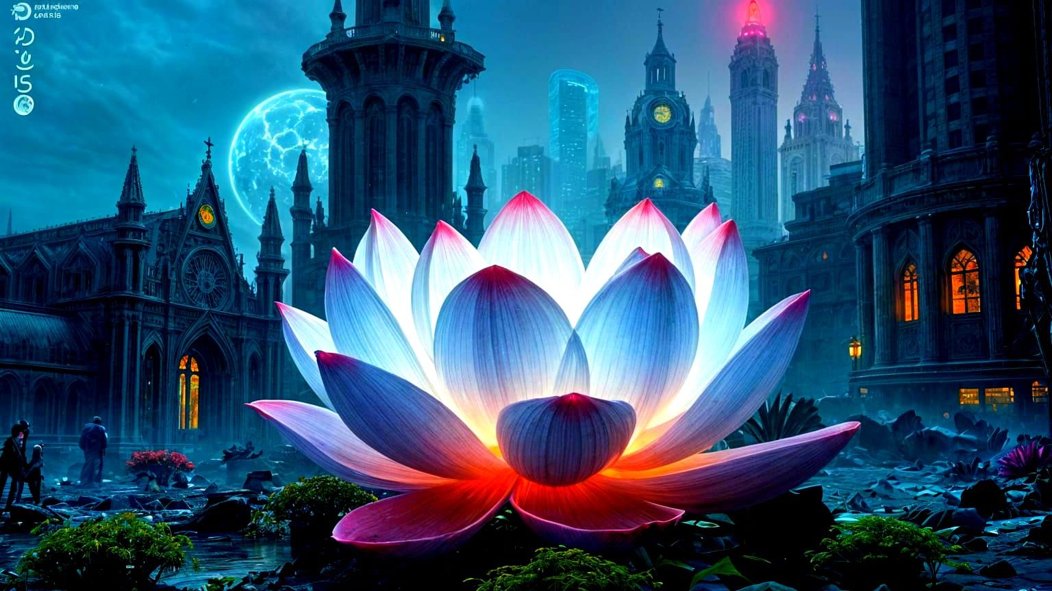 Glowing Lotus Unfurls in Cyberpunk Ruins