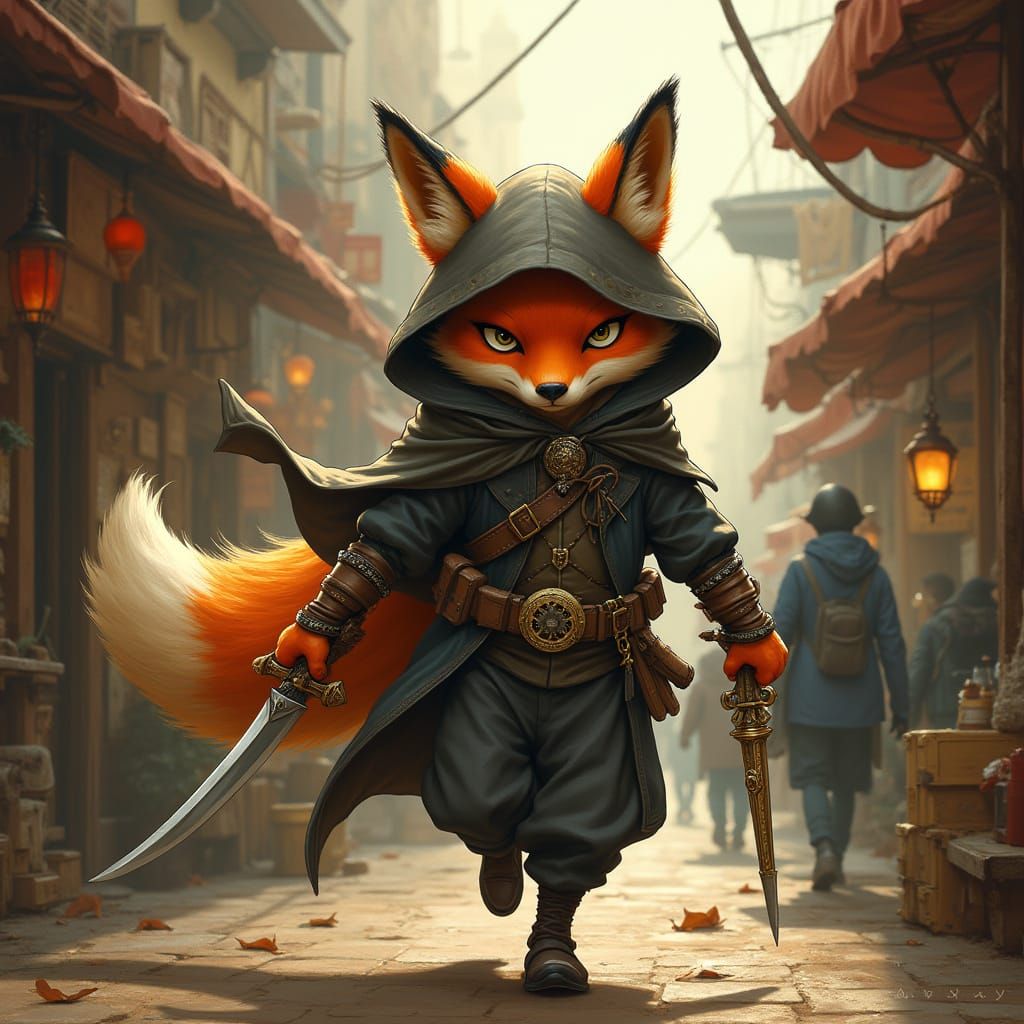 Steampunk Fox Rogue Sneaks Through Bustling Marketplace