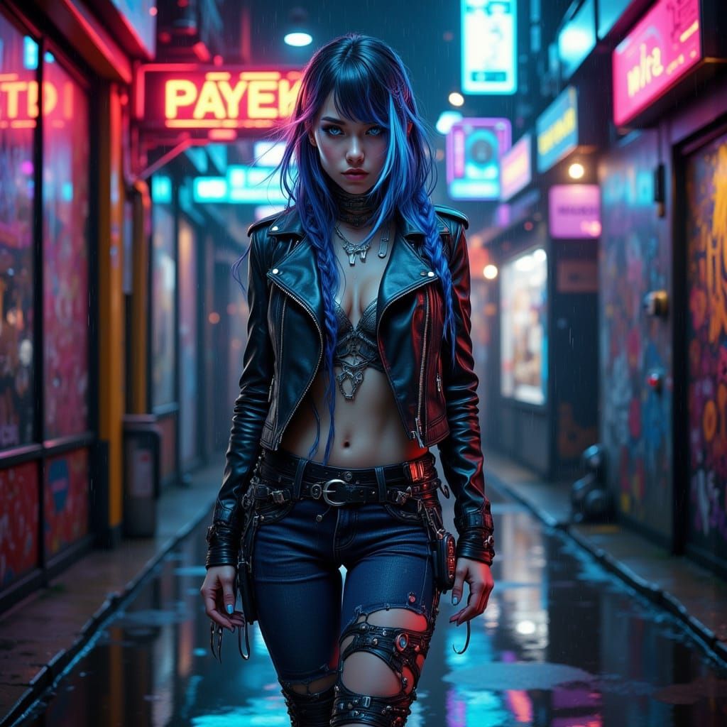 Ethereal Cyberpunk Hacker Goddess in Neon Alleyway