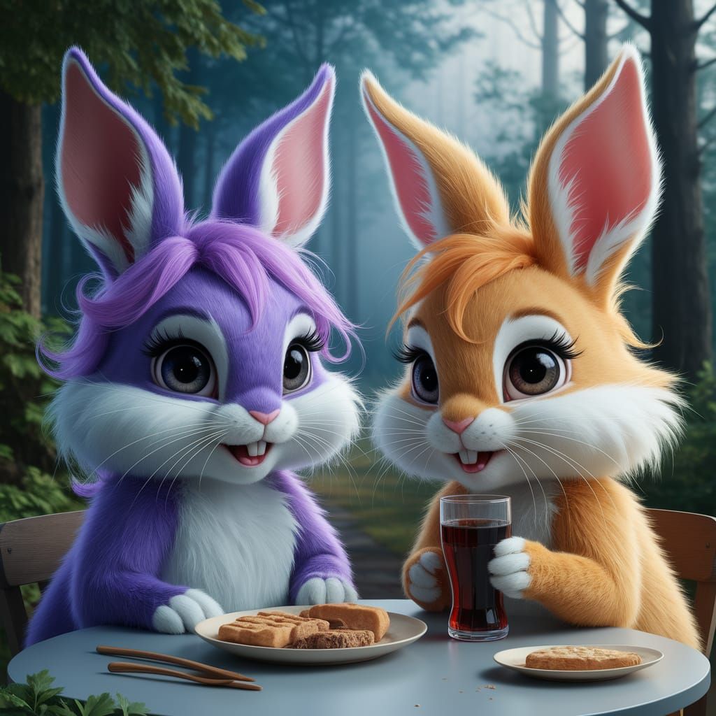 Cute Furry Bunnies Enjoy a Whimsical Snack