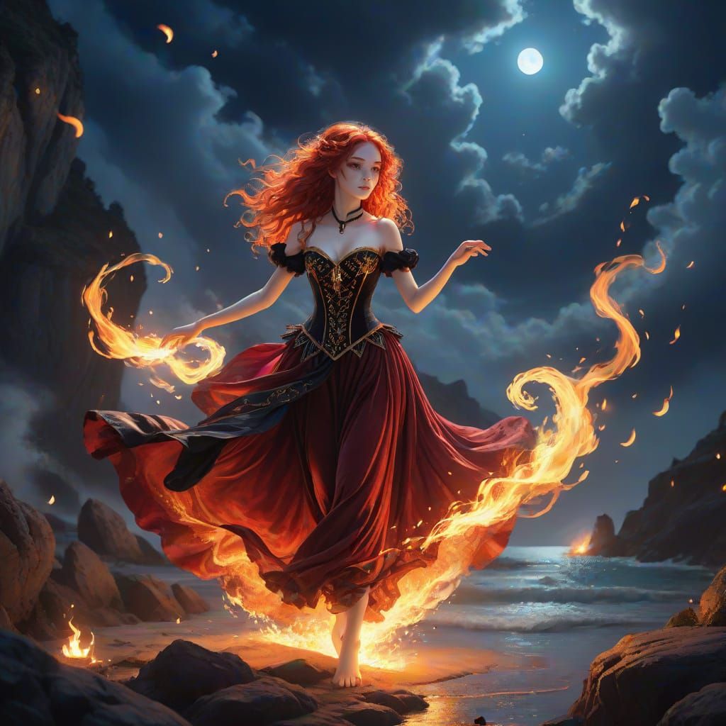 Fiery Mage Dances Under Moonlight in Anime Realism