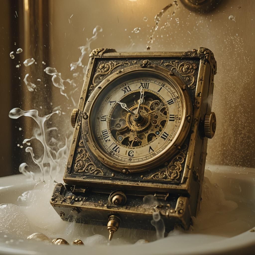 Steaming Bath in Ornate Watchcase: Cinematic Film Still