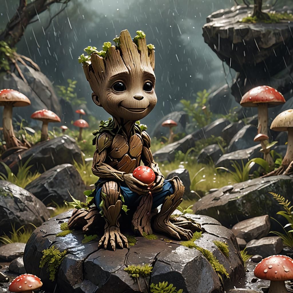 Cute Groot with Mushroom in Rainy Landscape