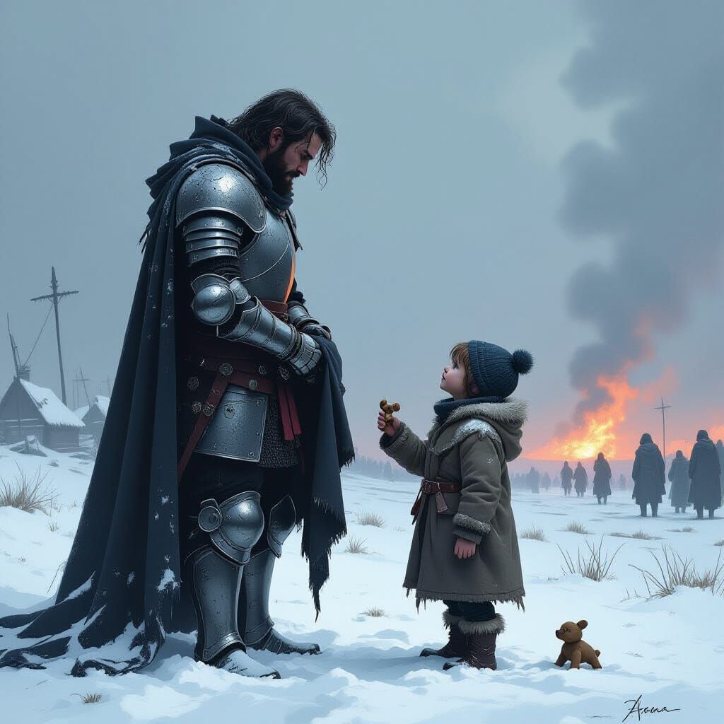 Knight's Compassion: A Child Receives a Cloak on a Battlefie...
