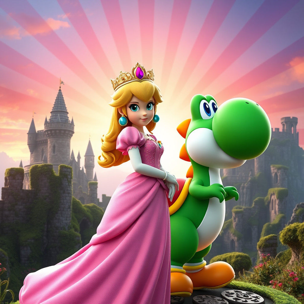 Princess Peach and Yoshi in Lush Fantasy Landscape