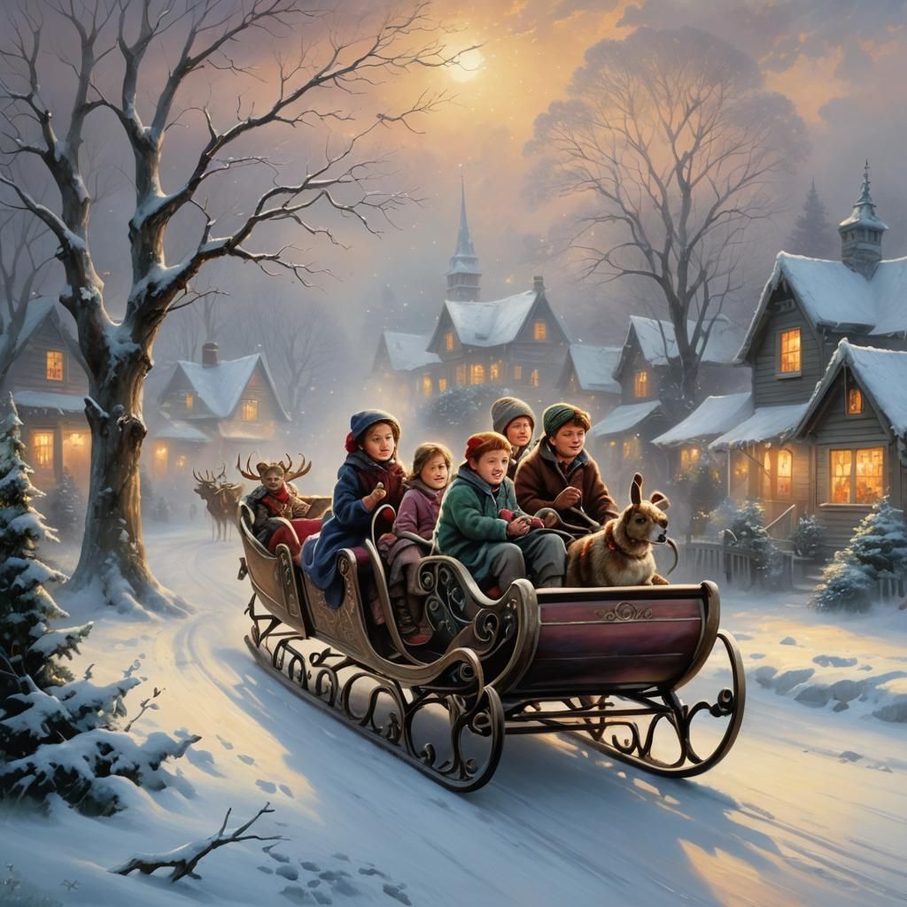 Children's Winter Sleigh Ride in Fantasy Style