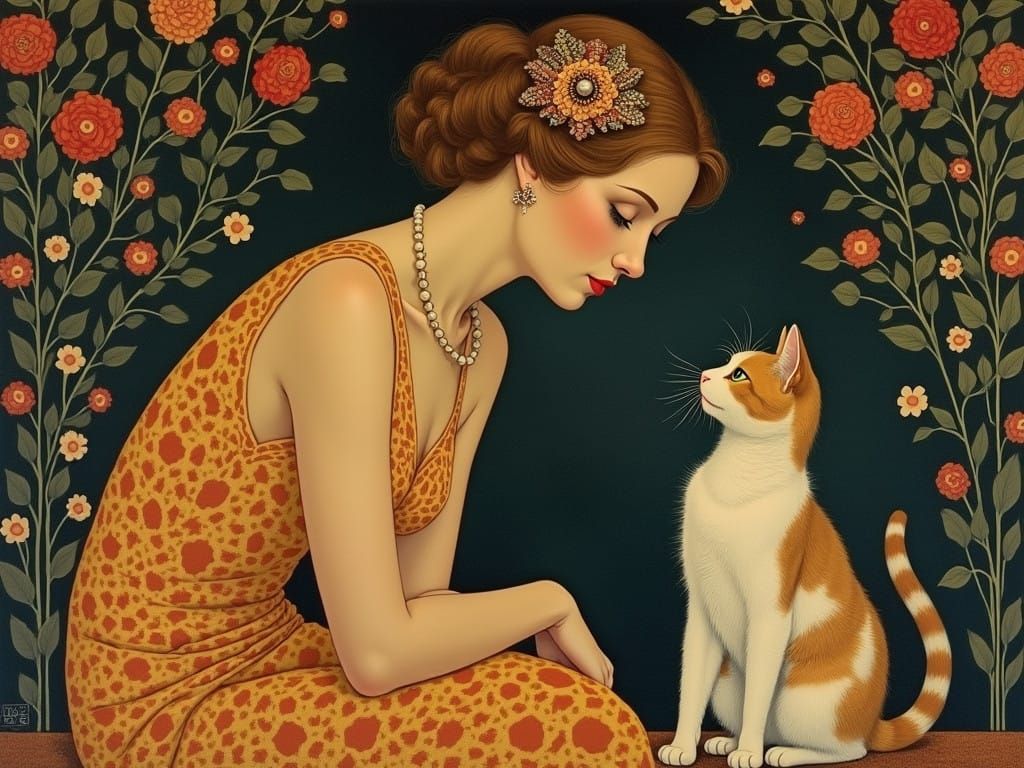 Art Deco Lady Contemplates Her Feline Companion