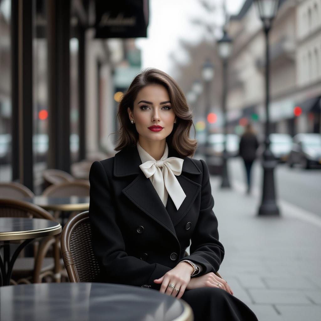 Woman at Street Cafe in Black and White Photorealistic Style