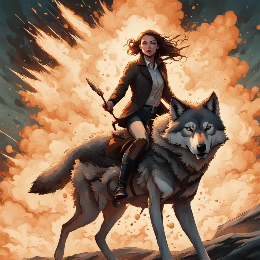 Girl Rides Wolf Amidst Fiery Explosion