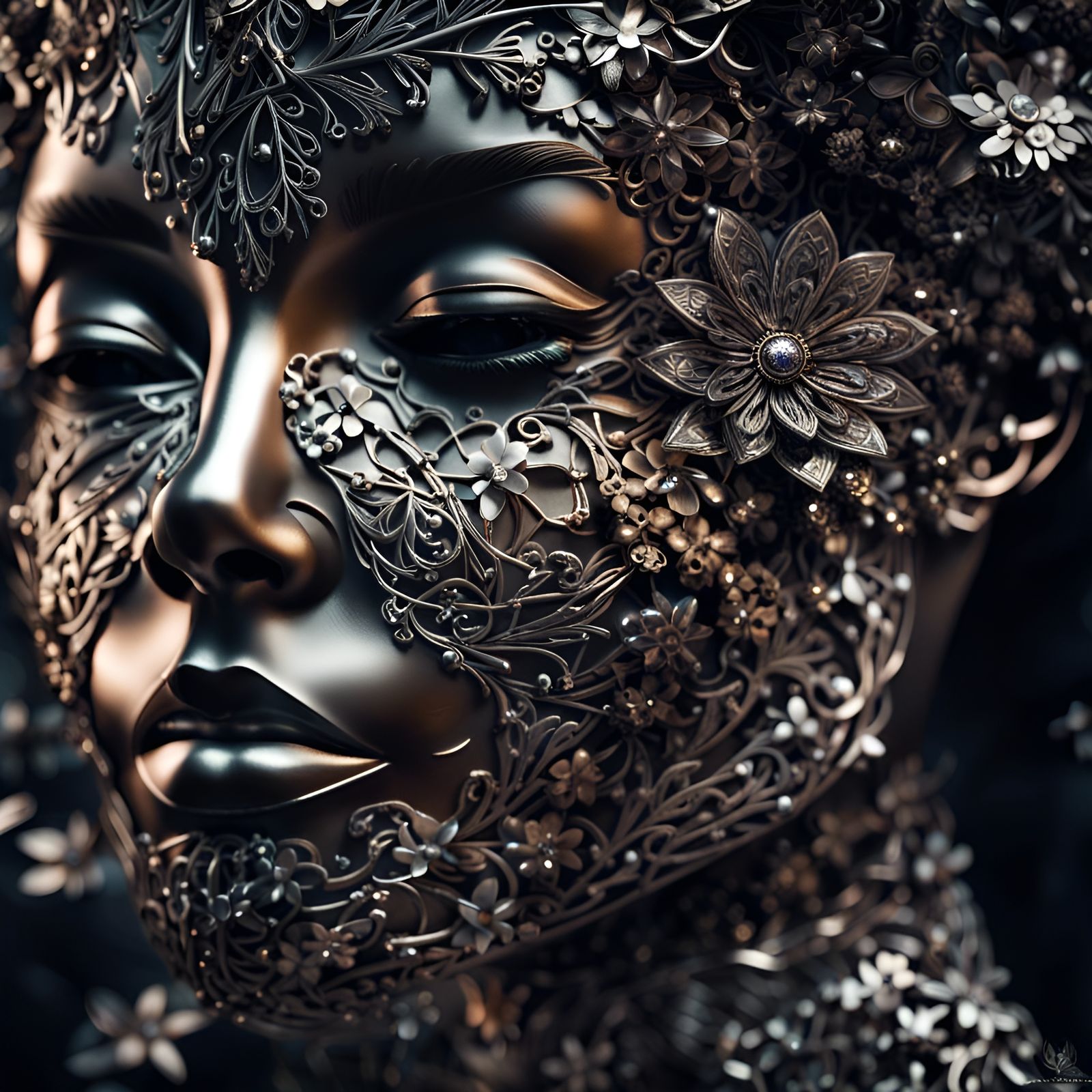 Intricate Metal Woman with Metallic Floral Design