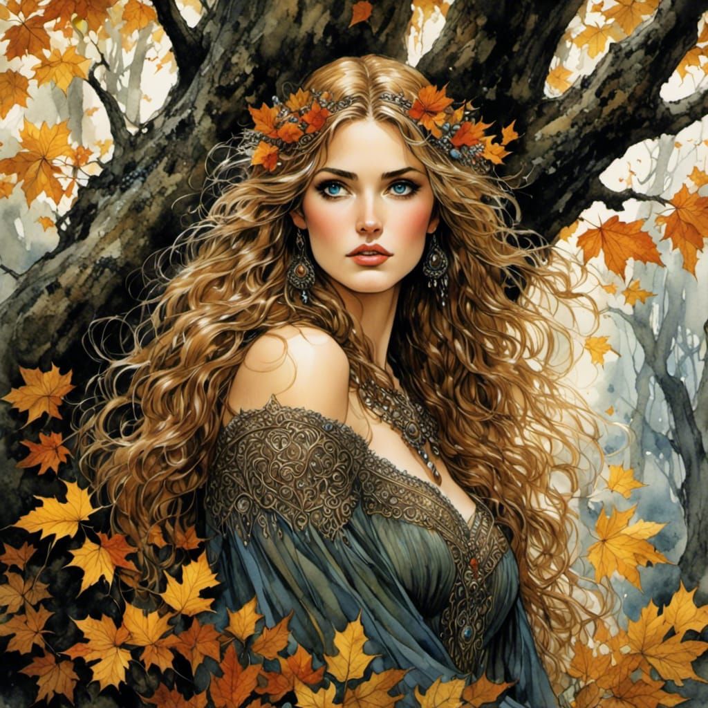 Woman in Woods: Detailed Seasonal Masterpiece