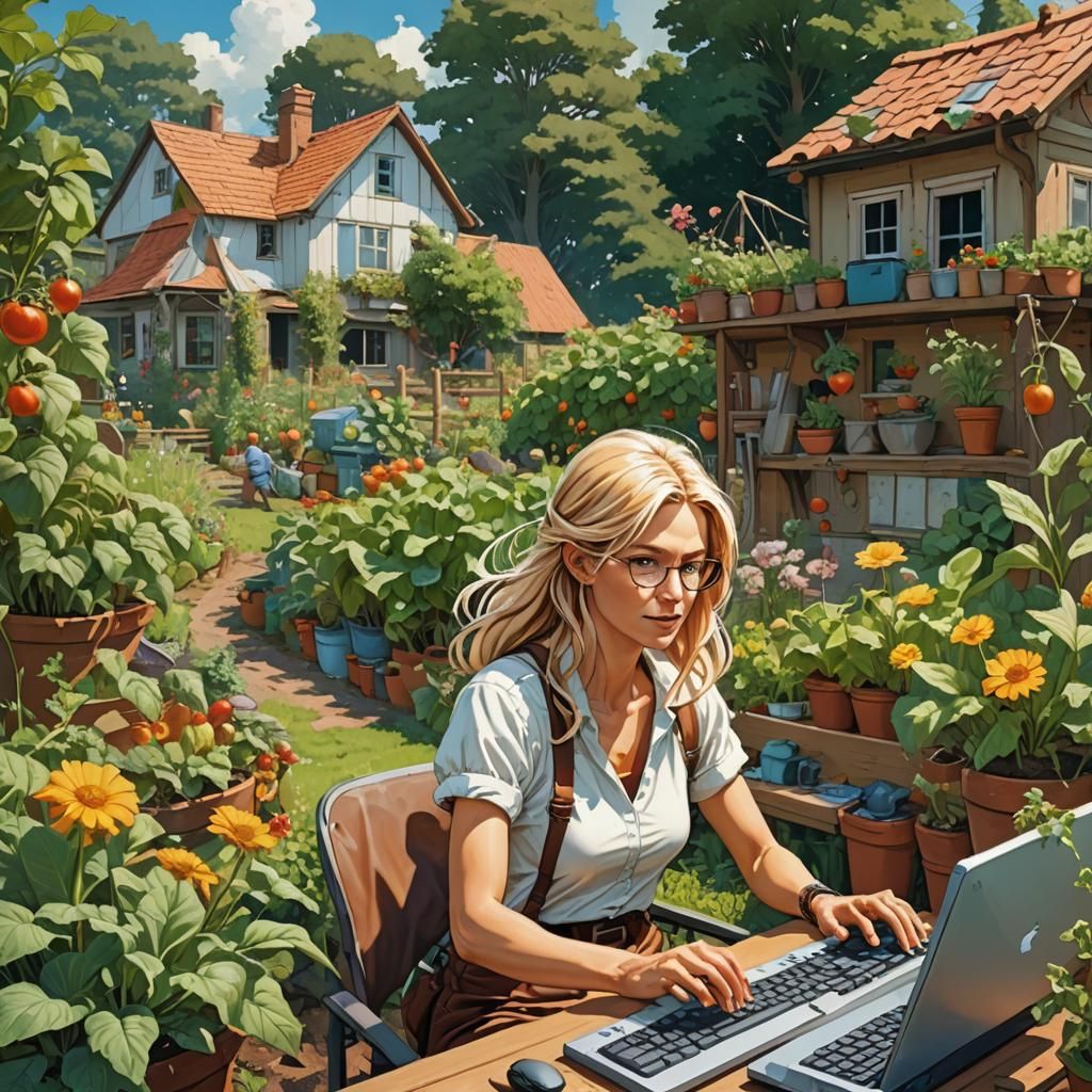 Woman Gaming in Garden, Moebius Style Illustration