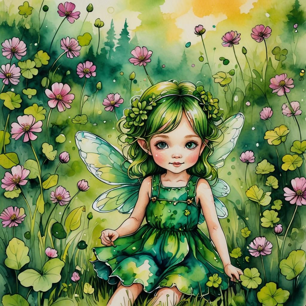 Clover Fairy in Sunny Meadow, Alcohol Ink Art