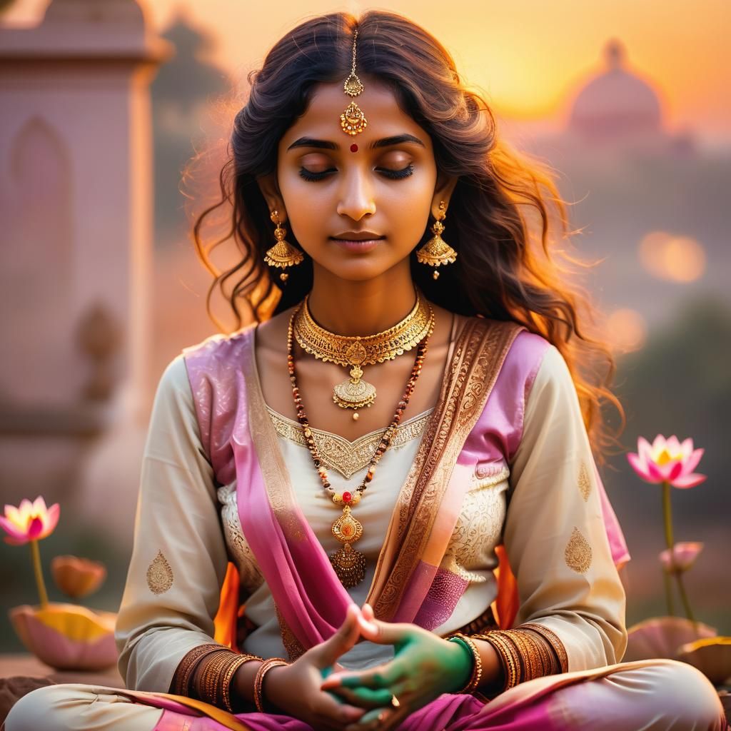 Serene Indian Woman Meditating in Golden Sunset Light