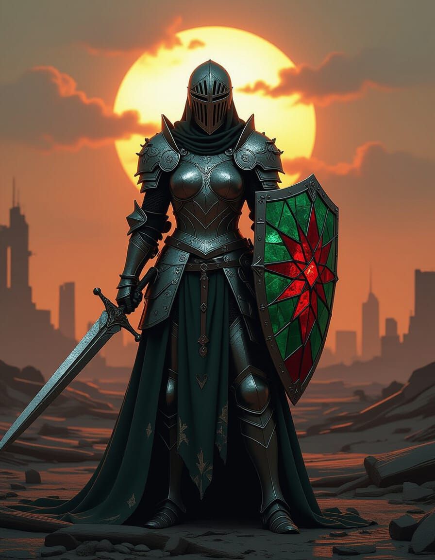 Knight in Stained Glass Armor Before Dying Sun
