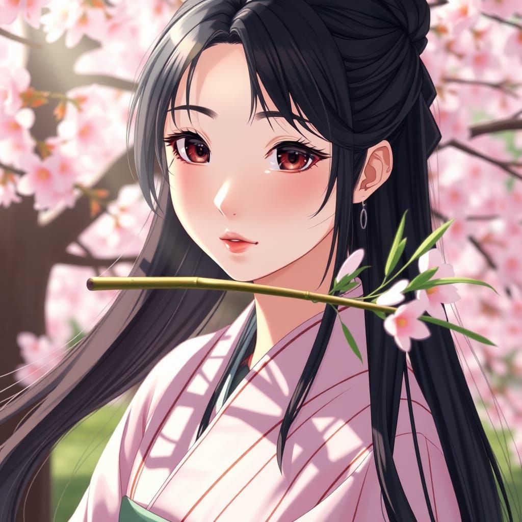 Young Woman in Kimono with Cherry Blossoms