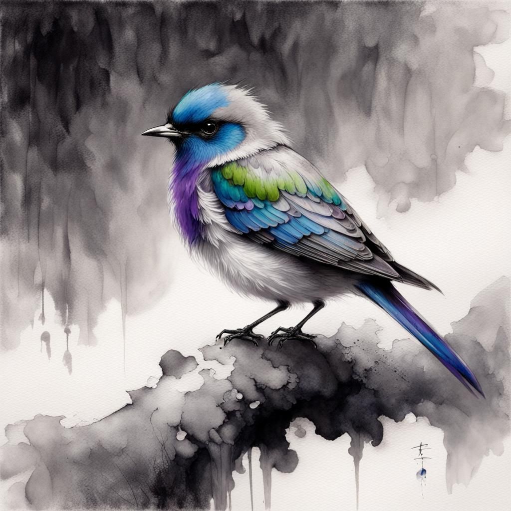 Resting Bird in Sumi-e with Vibrant Colors