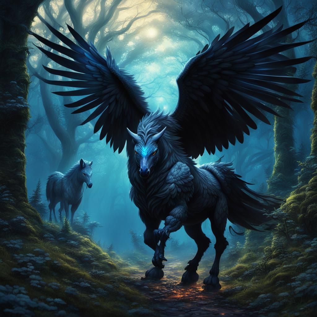Blue-Black Hippogriff in Enchanted Forest: Digital Painting