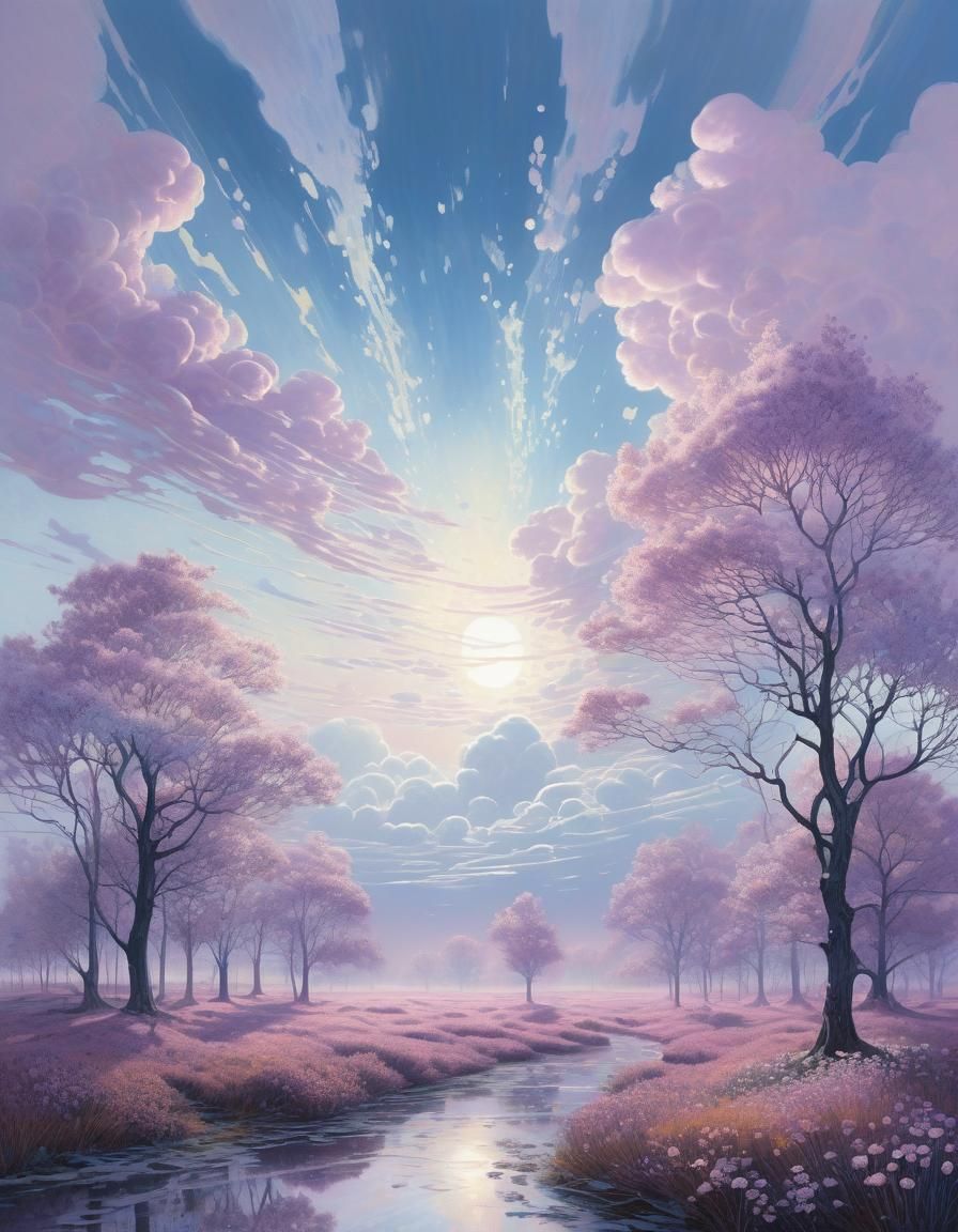Ethereal Mauve Clouds with Divine Light, Watercolor Textures