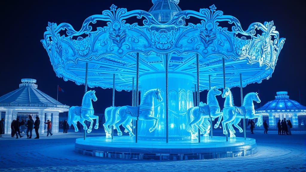 Ethereal Ice Carousel Illuminated at Night
