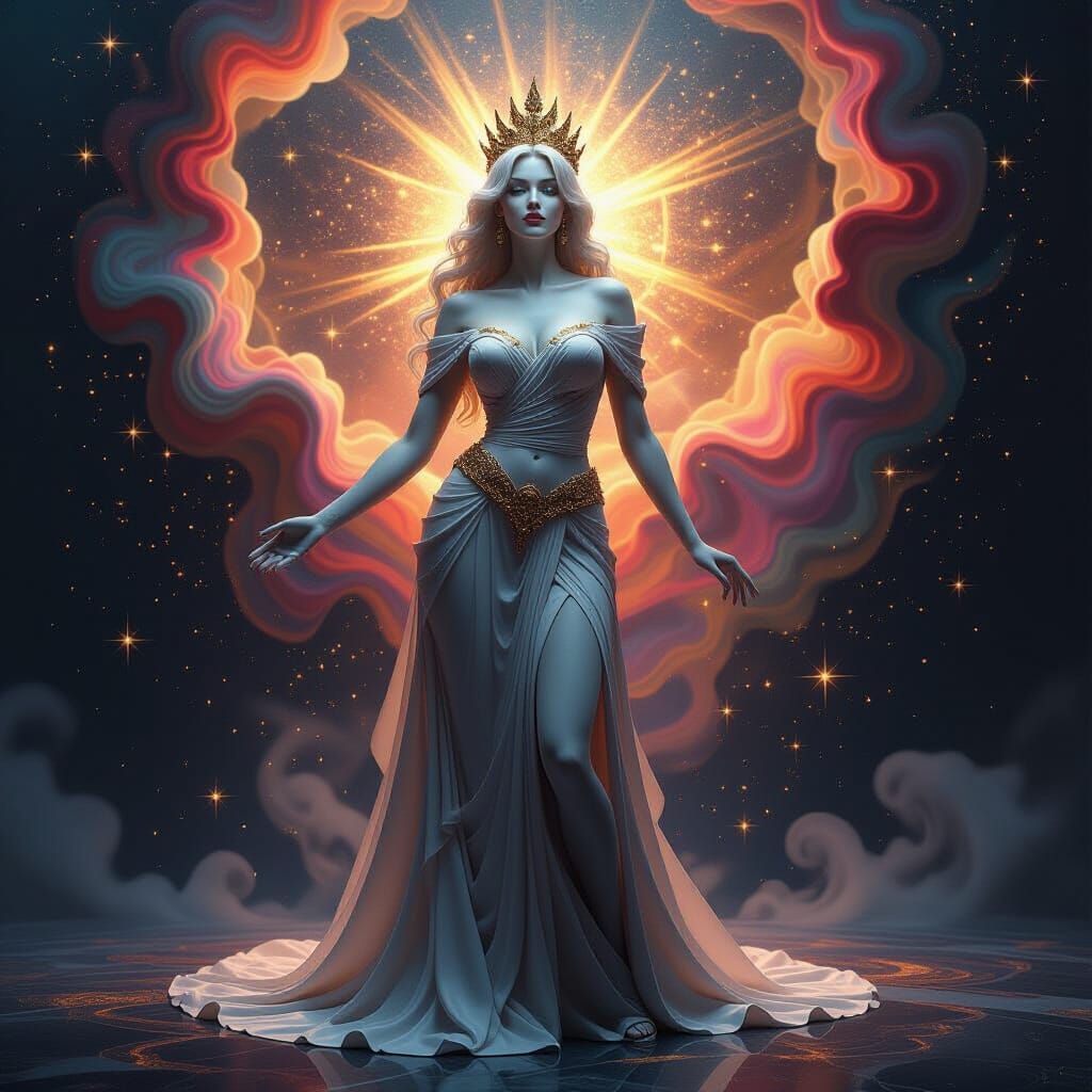 Regal Woman Embodiment of Art in Cosmic Nebula