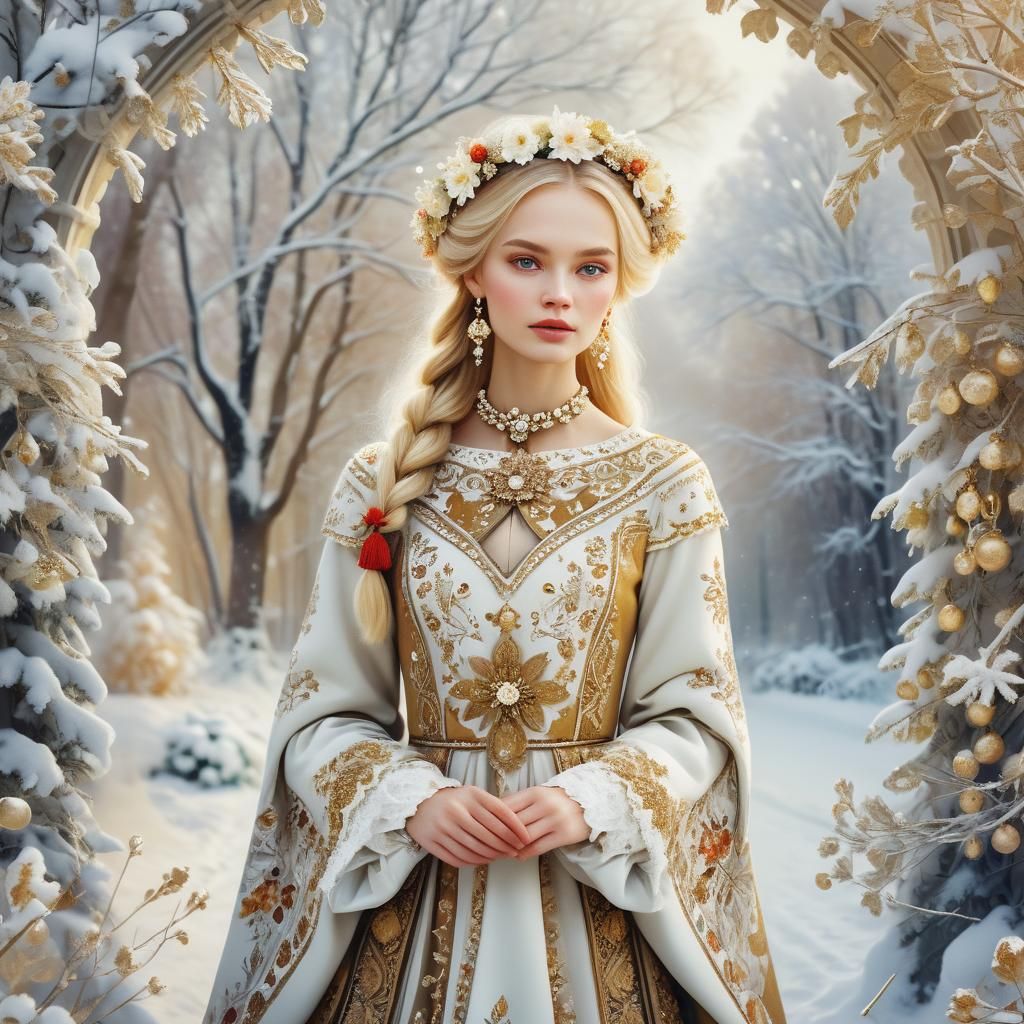 Slavic Model in Snowy Moscow, Baroque Illustration