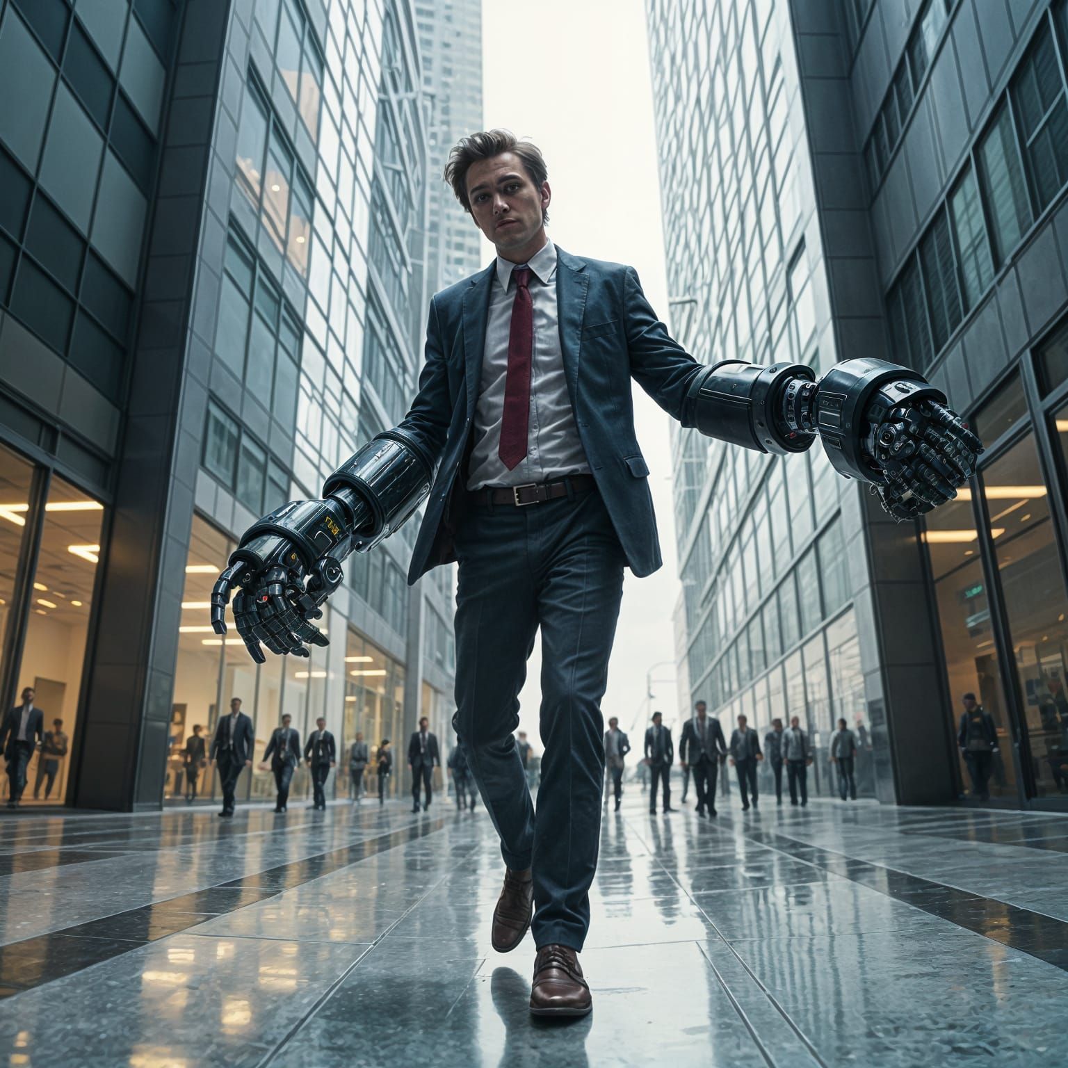 Drunk Worker with Robotic Arms Enters Workplace