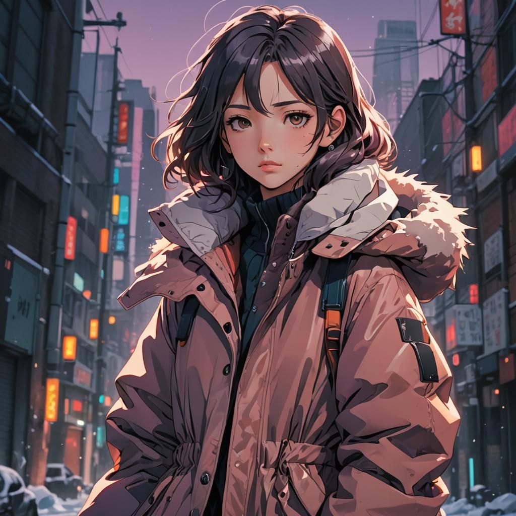 Girl in Oversized Coat: Manga Style Illustration