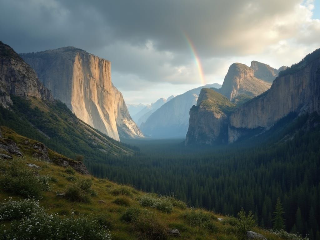 a deep valley and jagged rocks overcast with a magnificient ...