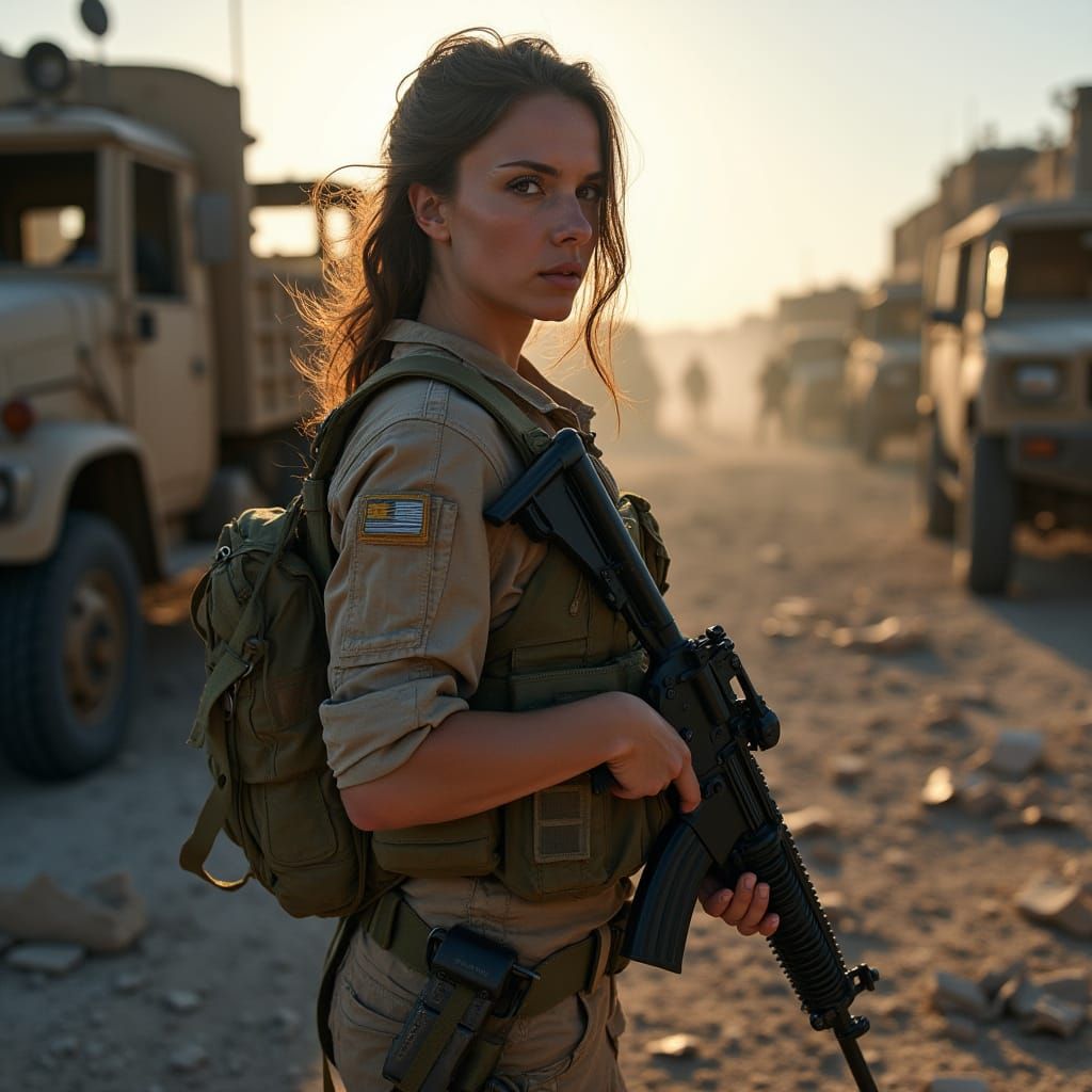 American Soldier in Battle-Scarred Ruins