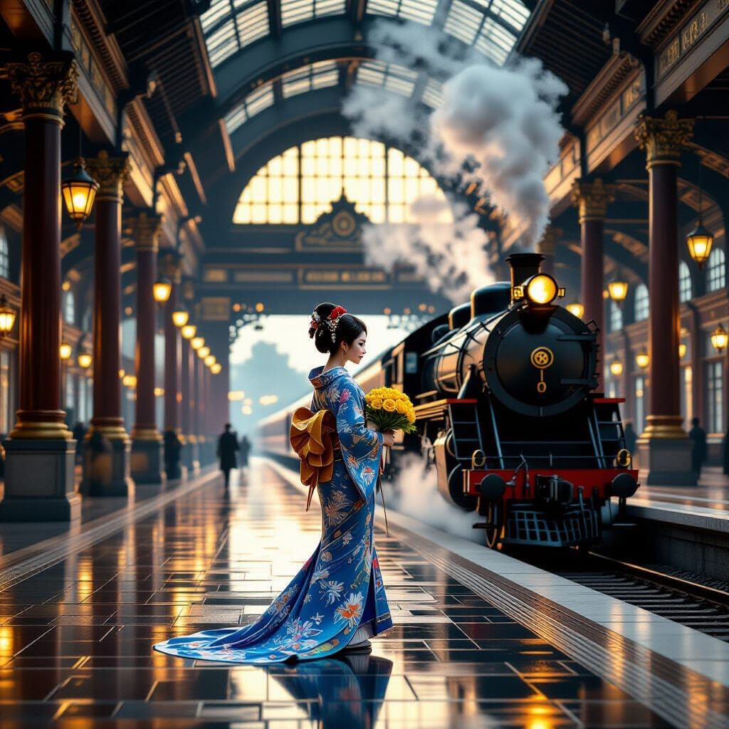 Under the dome of a 1800s magnificent train station filled w...