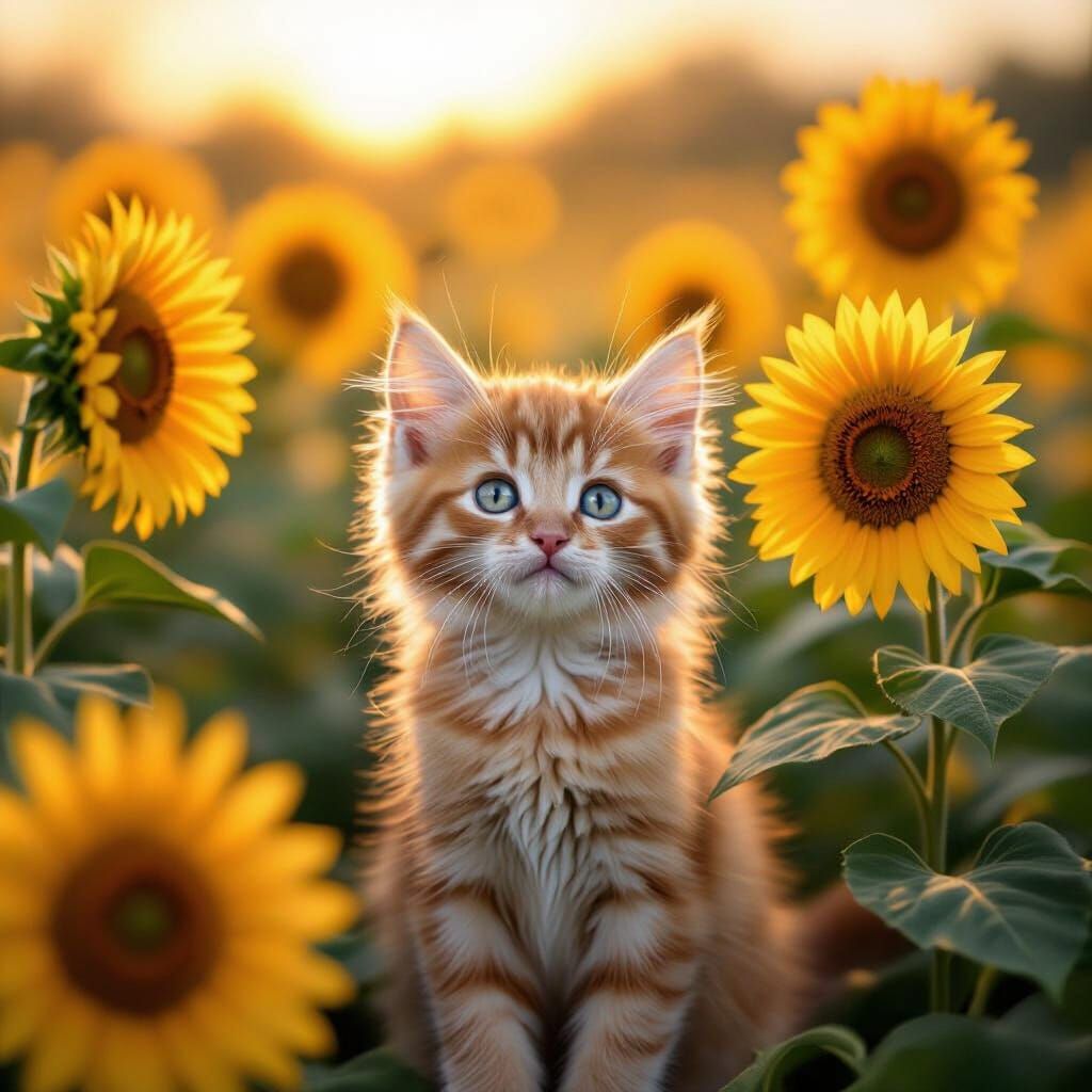 Ginger Kitten Among Bowing Sunflowers in Autumn Light