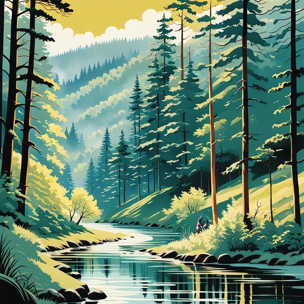 Vintage Disney Black Forest River Illustration