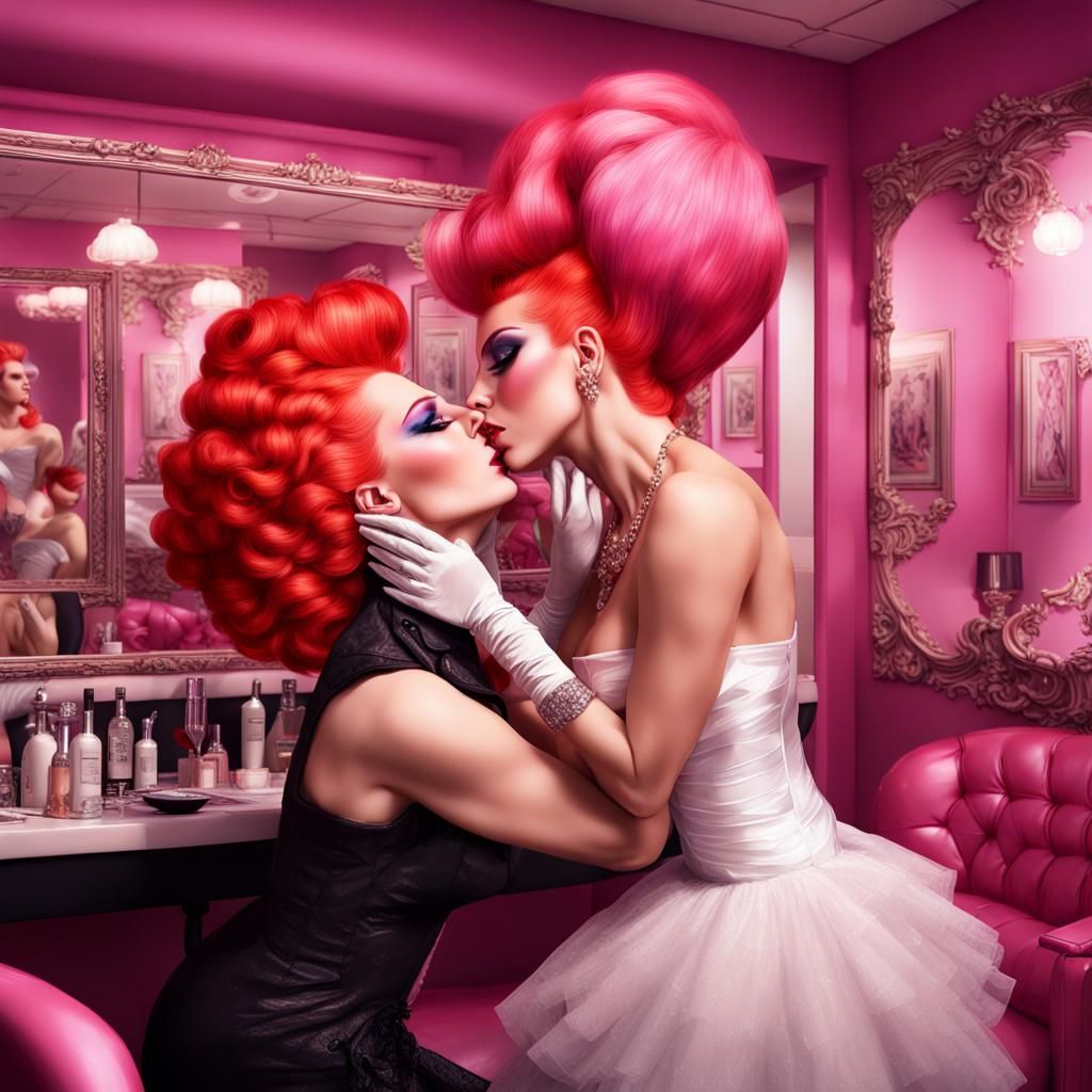 Drag Queens Kissing in Hair Salon: Detailed Matte Painting
