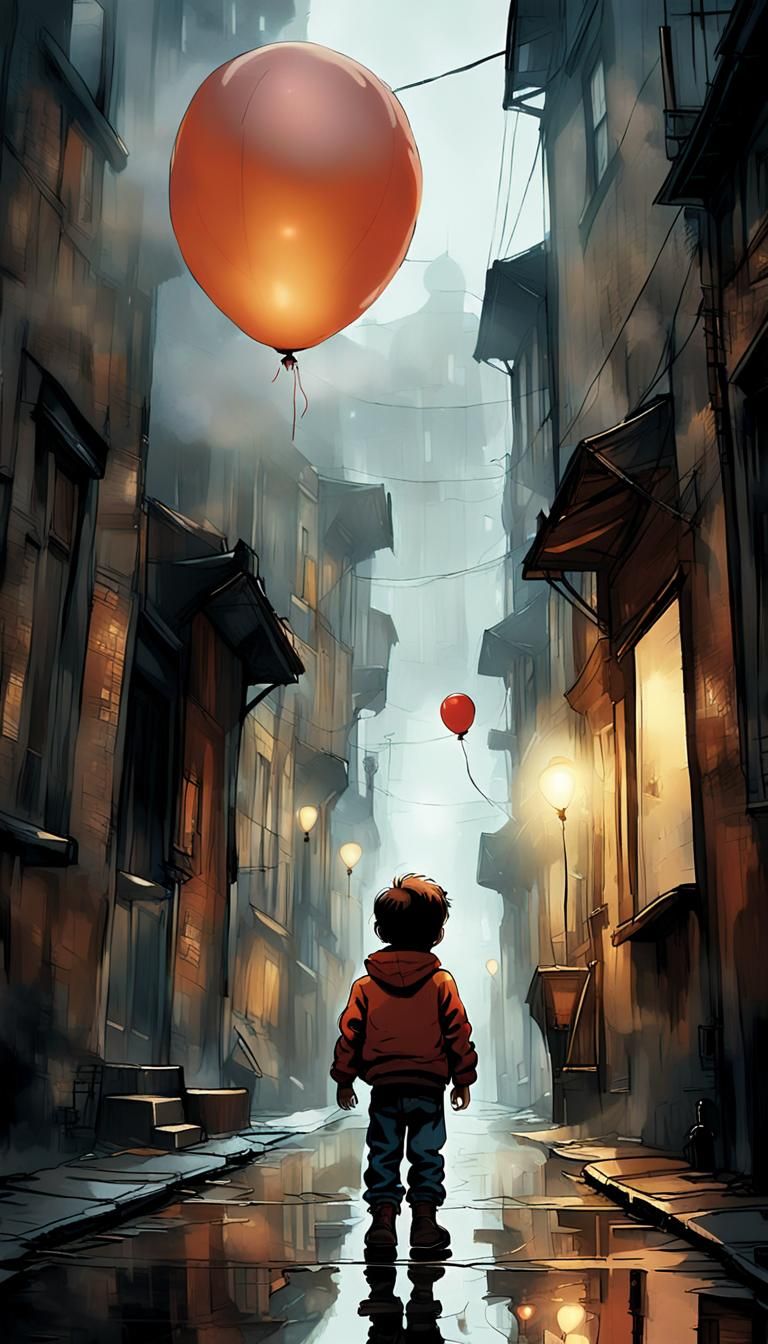 Gritty Urban Child Looks Up at Balloon String in Foggy Backs...