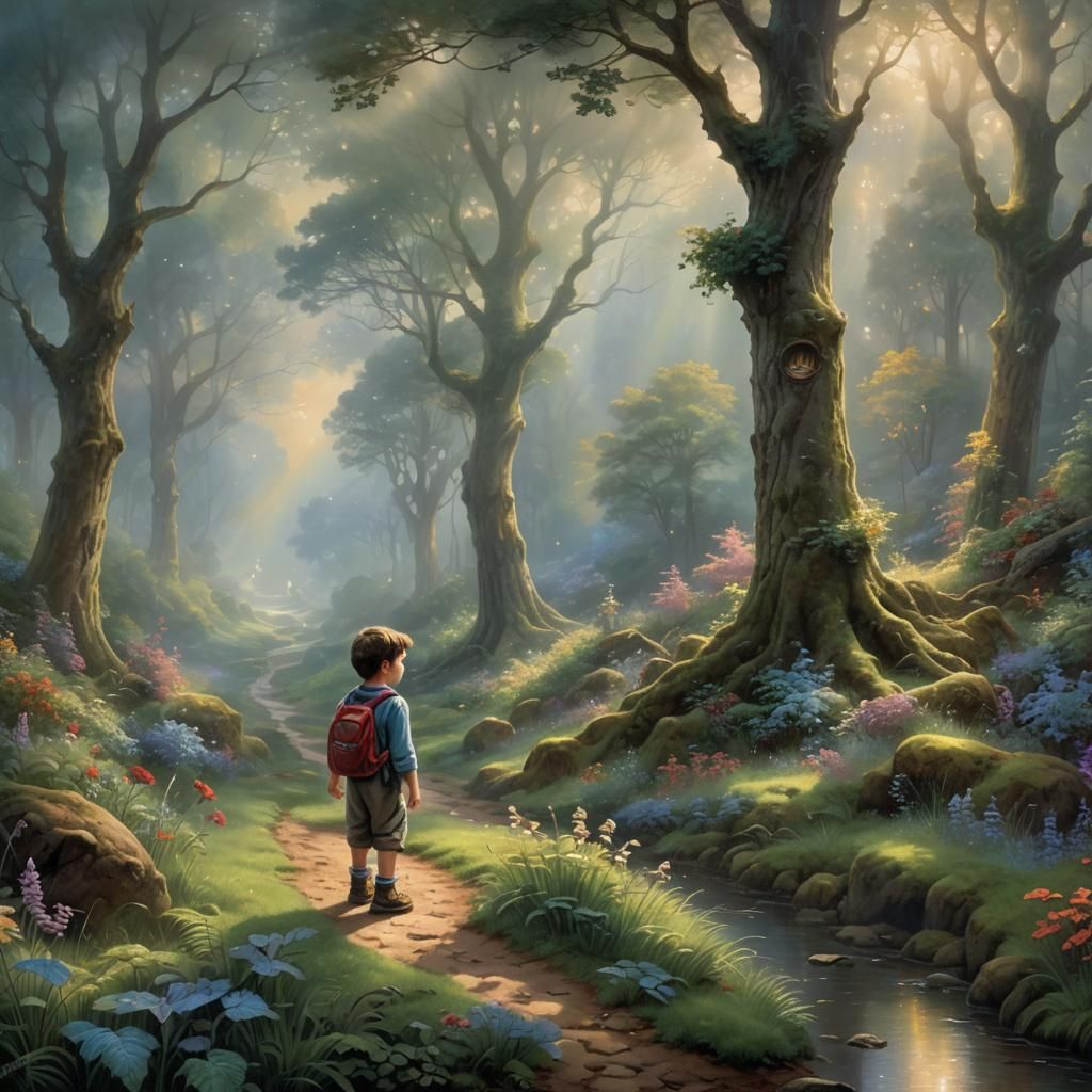 Child Walking Through Forest in Ethereal Fantasy Style