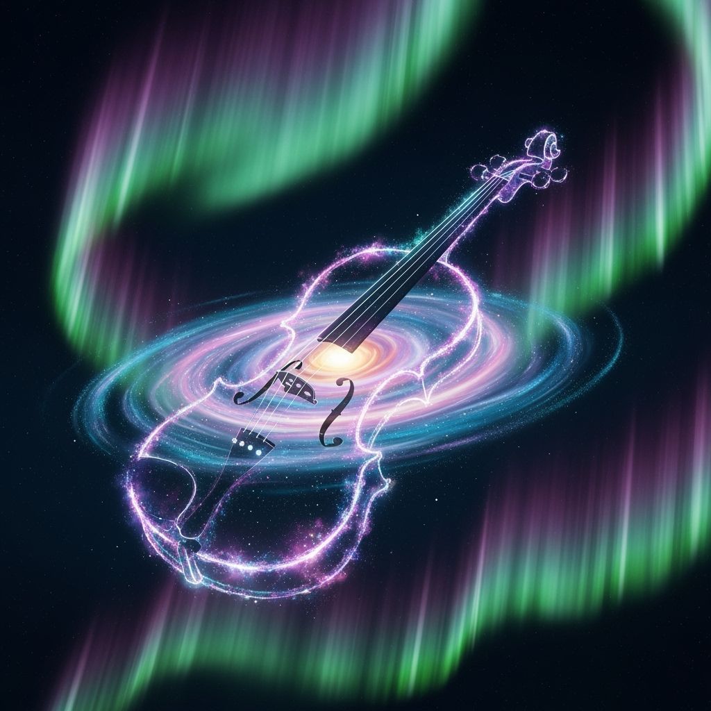 Cosmic Violin Nebula Under Aurora Borealis